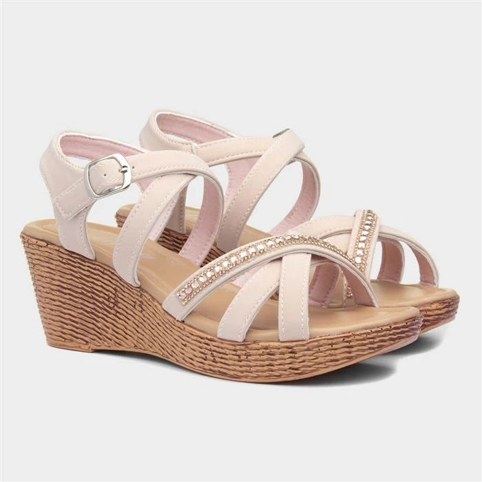 Lilley Womens Nude Diamante Wedge Sandal - Image 5
